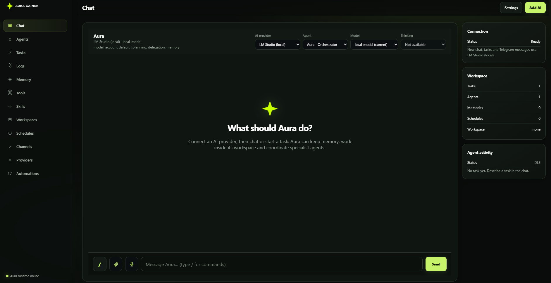 Aura Gainer workspace showing chat with Aura, AI provider and agent controls, workspace status, and agent activity.